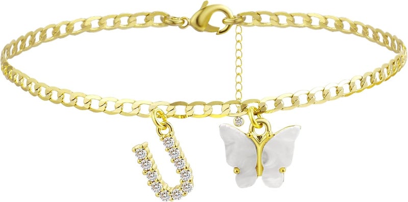 VIROMY 14K Gold Plated Dainty Butterfly Initial Ankle Bracelets Handmade Cuban Chain White Butterfly A-Z Alphabet Letter Initial Anklets Personalized Summer Beach Jewelry Gifts for Women - Image 1